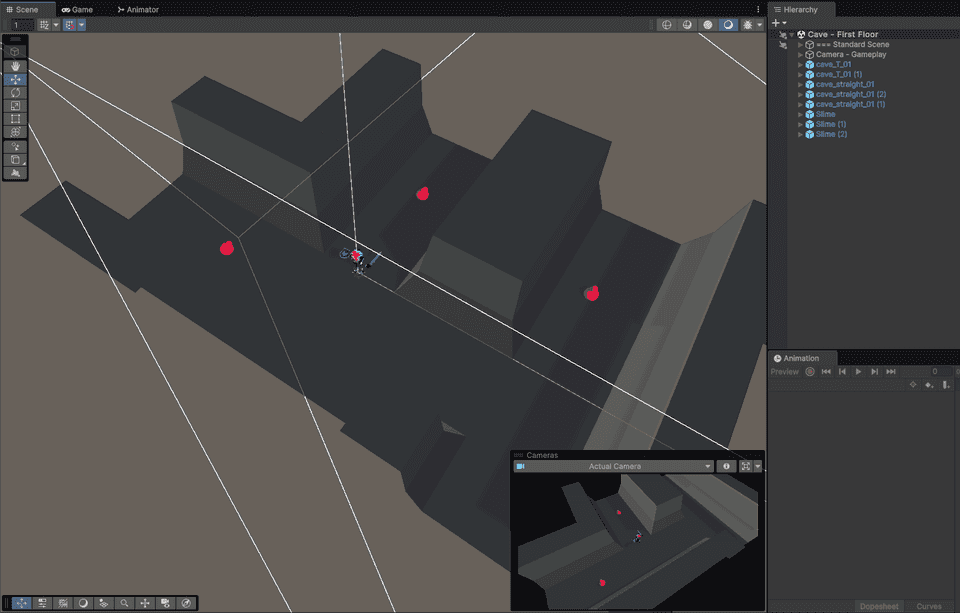 A cave system with player and monsters